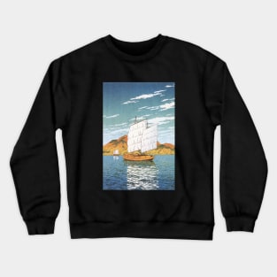 Boat Transporting Rocks at Bingo by Kawase Hasui Crewneck Sweatshirt